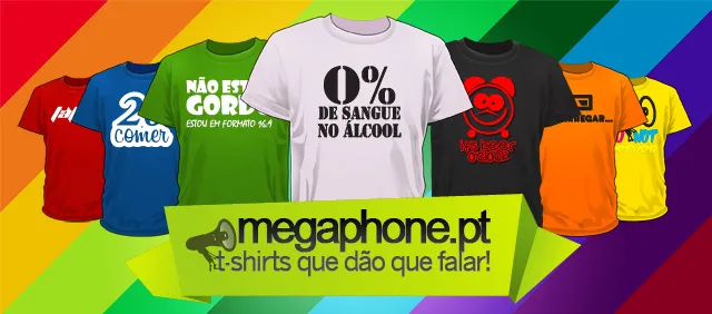Oito t-shirts coloridas da Megaphone.pt com frases como 0% de sangue no álcool, sobre fundo de arco-íris