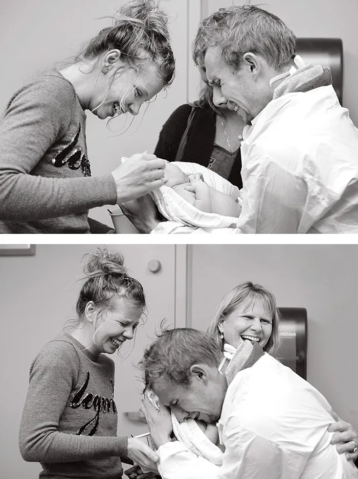 Duas fotografias de um pai a chorar e a rir com a família ao ver o recém-nascido
