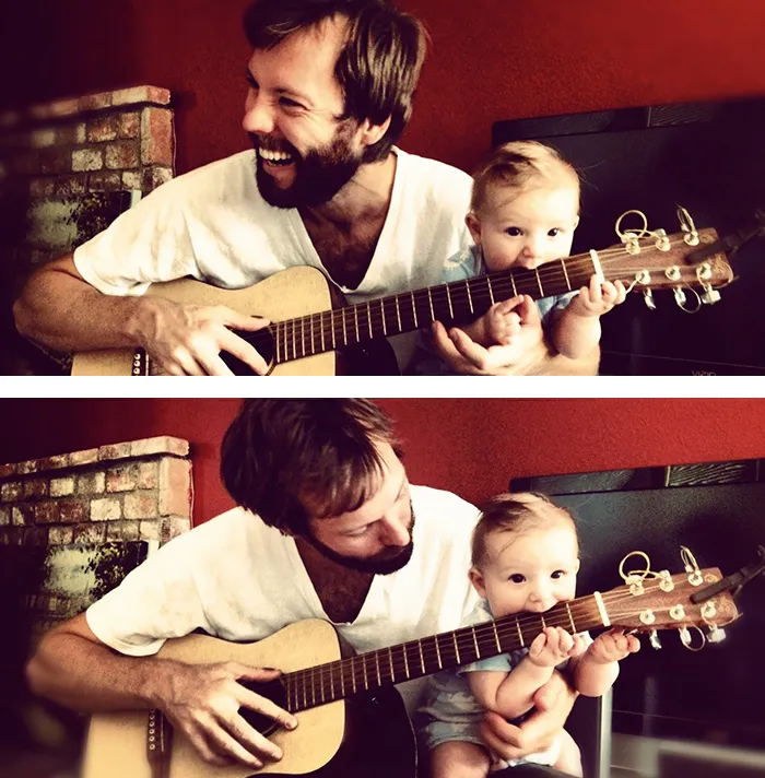 Duas fotografias de um pai a tocar guitarra e a rir com o bebé ao colo, que agarra o braço da guitarra