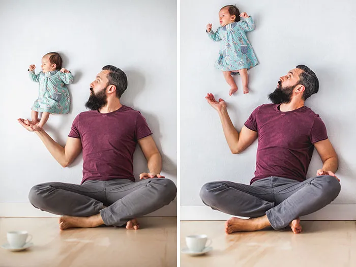 Duas fotografias de um pai sentado no chão a fingir que faz malabarismo com a bebé deitada