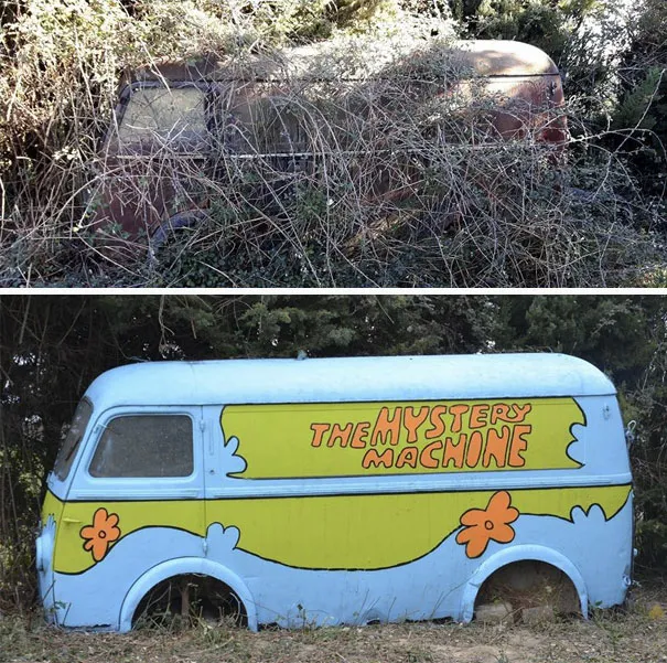 Carrinha velha abandonada no meio do mato e, depois, pintada de azul e verde como a Mystery Machine do Scooby-Doo