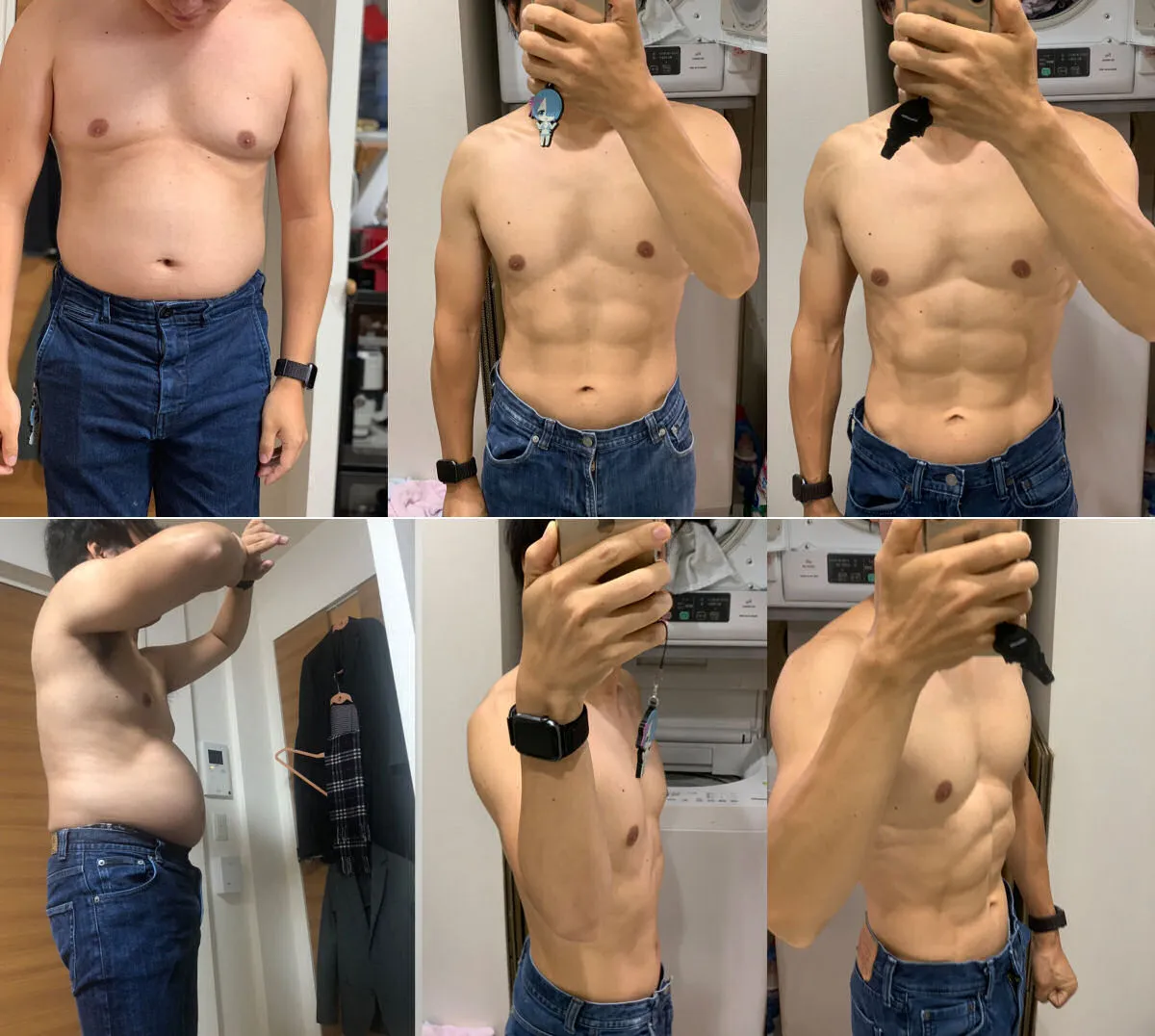 Hiiragi Sensei antes e depois de cinco meses de treino, de frente e de lado: à esquerda com barriga, à direita com o abdómen definido