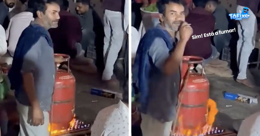 Homem aquece botija de gás ao lume em festa na Índia