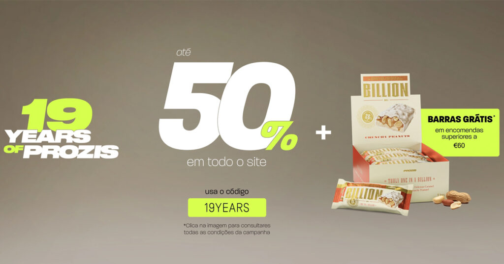 Cupão Prozis 19YEARS: até 50% de desconto + barras grátis (válido até 6 abril)