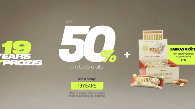 Cupão Prozis 19YEARS: até 50% de desconto + barras grátis (válido até 6 abril)